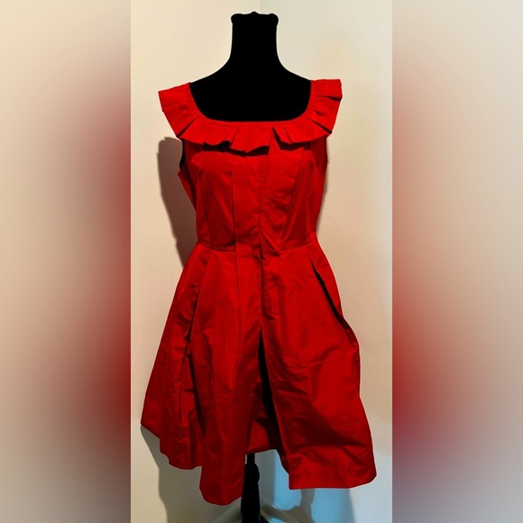 MIU MIU Prada 2010s Red Tafetta Sleeveless Ruffled Hidden Pocket Dress 44/8 - Picture 2 of 7